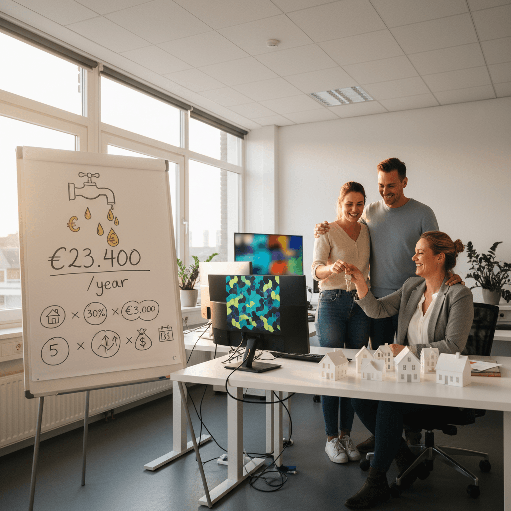 Infographic met een lekkende geldkraan, waarbij druppels eurotekens zijn. Naast de kraan staat '€23.400/jaar' met een breakdown van de berekening: 5 gemiste calls × 30% conversie × €3.000 provisie × 52 weken