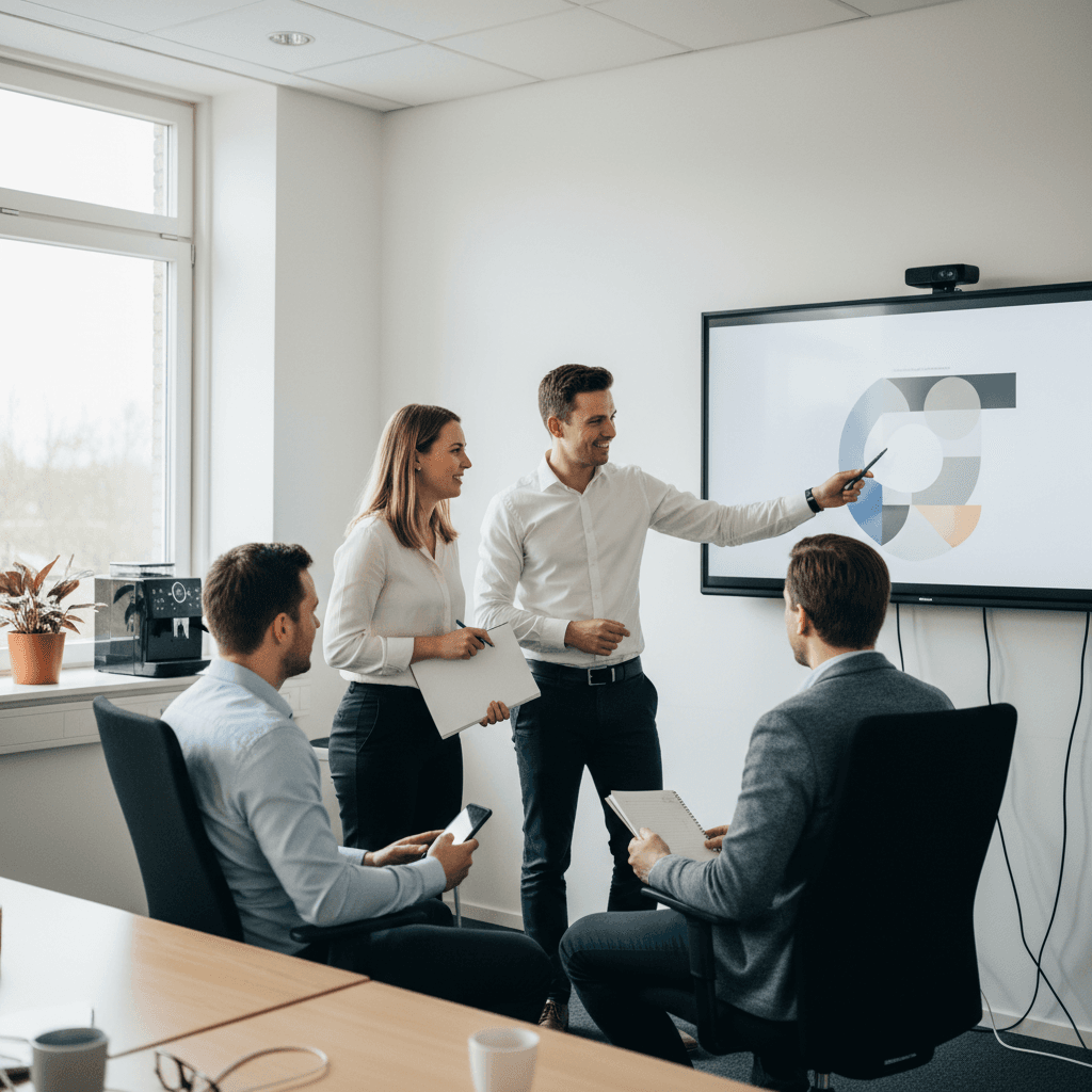 Foto van een teamoverleg waarbij medewerkers samen naar een dashboard kijken, positieve lichaamstaal, samenwerking tussen mens en technologie
