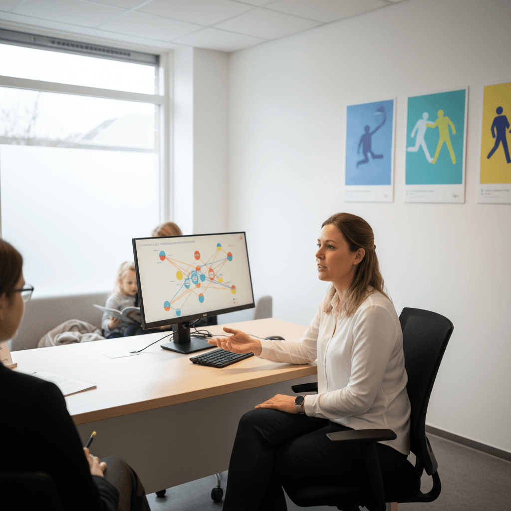 Foto van een ontspannen doktersassistent die een complexe patiëntvraag behandelt, terwijl op de achtergrond een scherm zichtbaar is met binnenkomende telefoontjes die automatisch worden afgehandeld