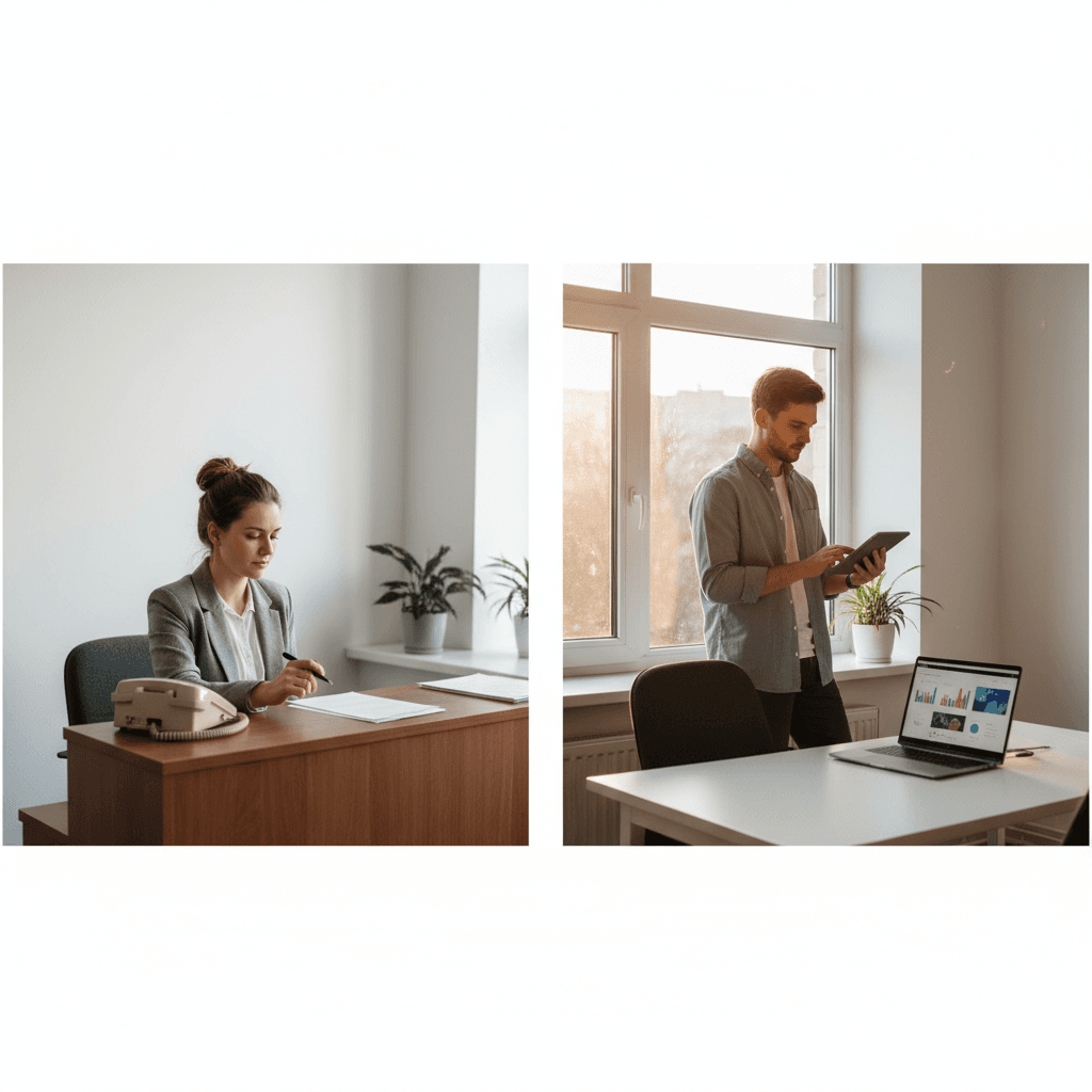 Illustratie van een gesplitst beeld: links een chaotische traditionele receptie met wachtende mensen en een gestresste receptionist; rechts een rustige, georganiseerde ruimte waar een medewerker ontspannen een bezoeker persoonlijk begeleidt.